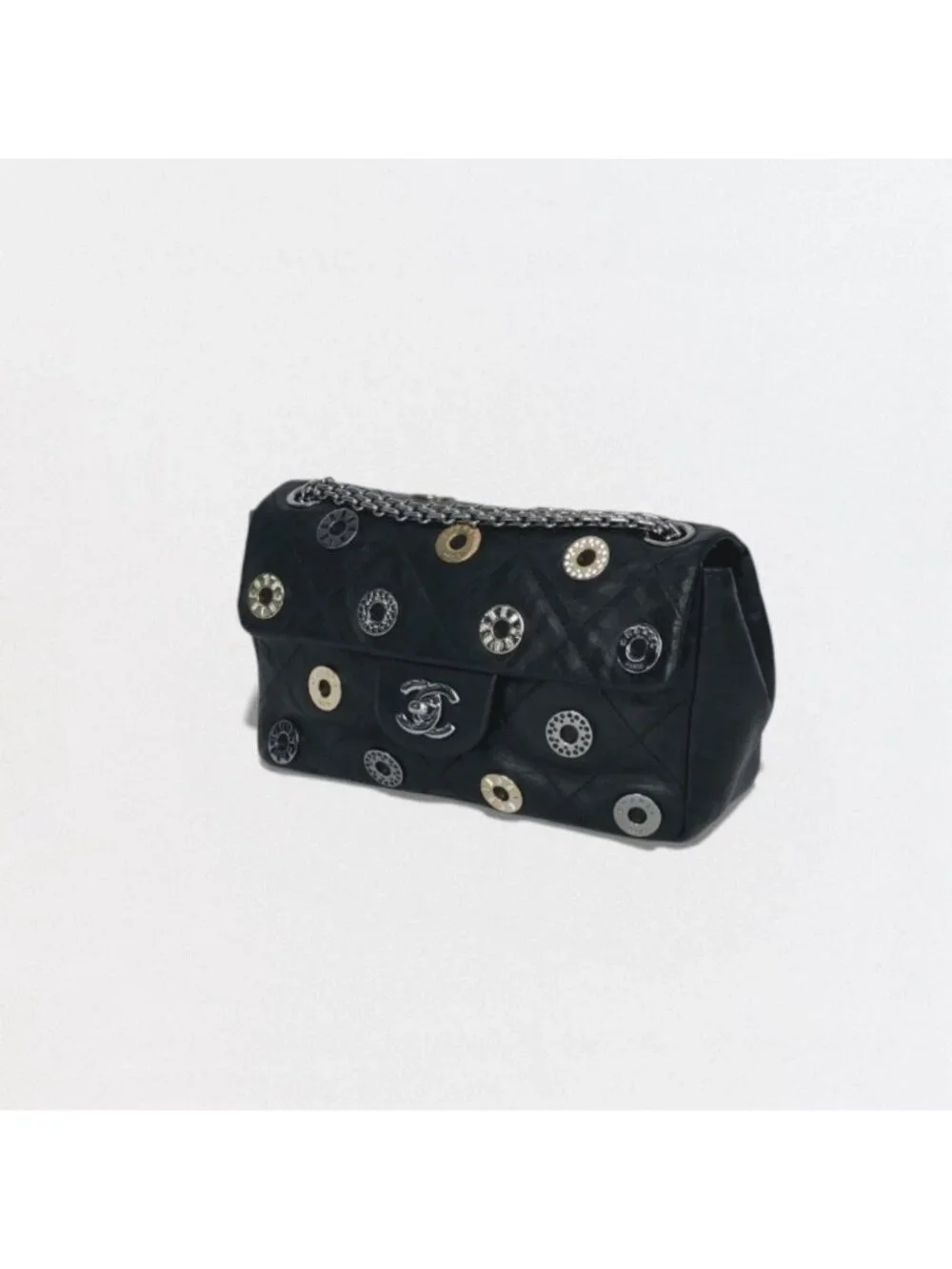 Chanel Quilted Shoulder Bag Calfskin Black Silver Chain Bag CC Logo Turnlock